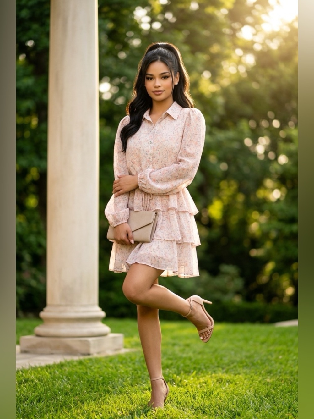 In February Floral Tiered with sheer Long-Sleeve Mini Dress in cream size small